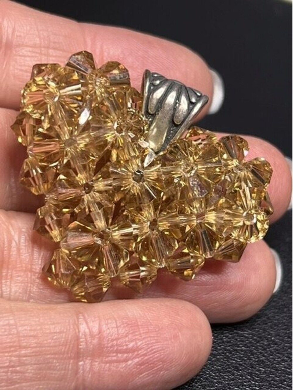 B7022 Vintage Heart Pendant Sterling silver Bail Faceted Golden Crystal Beaded